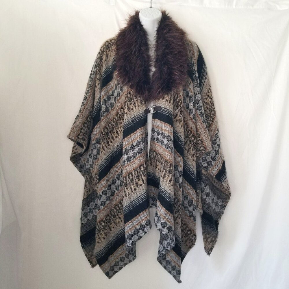 Collection Eighteen Women Poncho Faux Fur Neckline Stripes Aztec Shawl Brown Tan